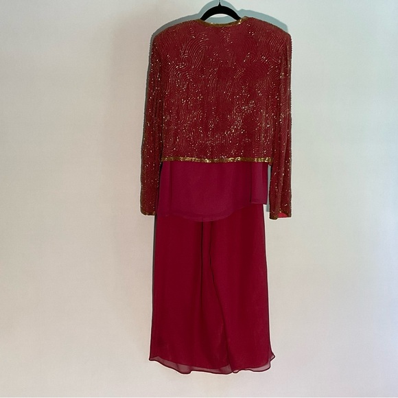 Niteline Burgundy Silk Large 3 Piece Evening Wear Gold Bugle Beaded Jacket - Picture 9 of 16